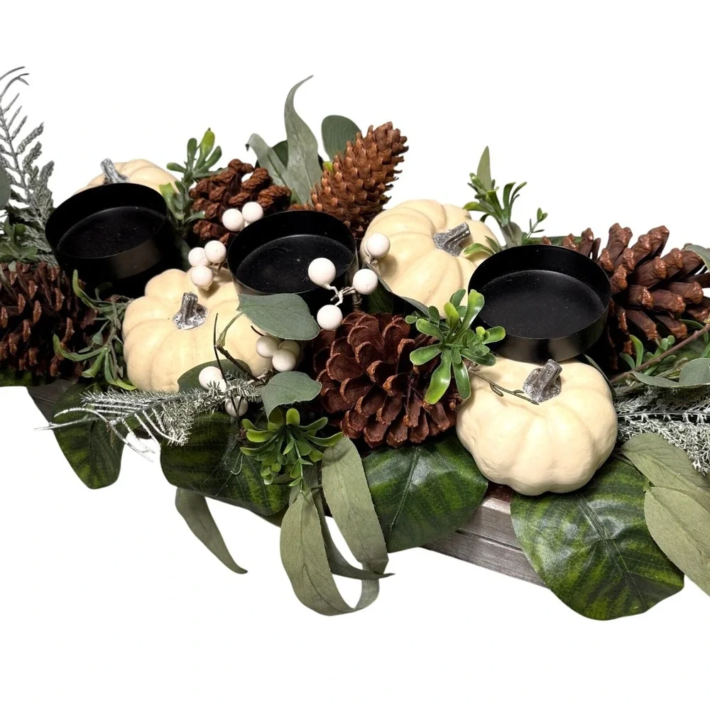 Rustic Farmhouse Woodlook Candle Centerpiece White Pumpkins Pine Cone Fall Decor